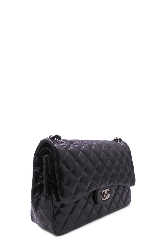 Quilted Patent Jumbo Classic Flap Bag with Silver Hardware Black - Second Edit