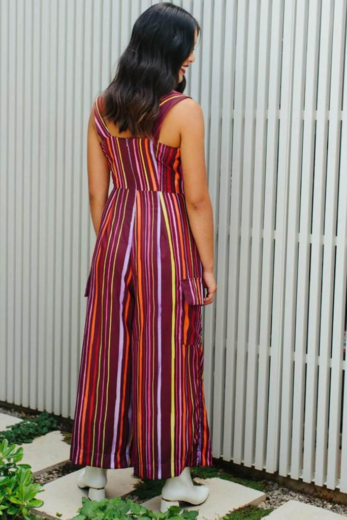 Minor Miracles What You Did Ruched Jumpsuit in Brown Lines - Style Theory Shop