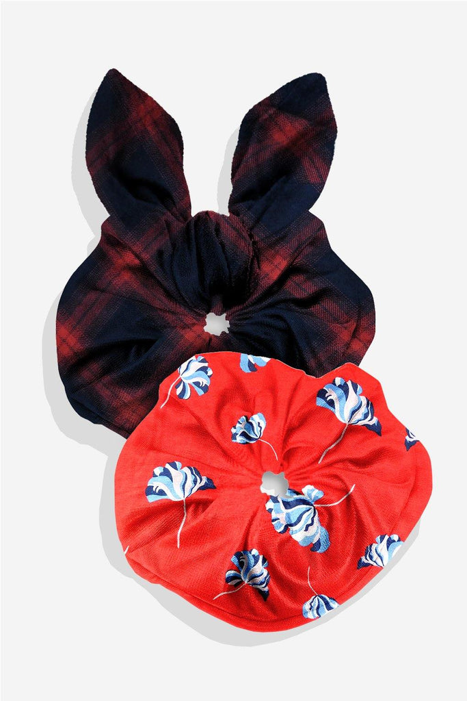 Upcycled Ribbon Statement Scrunchies: Red-Blue Checkered & Red Floral - Second Edit