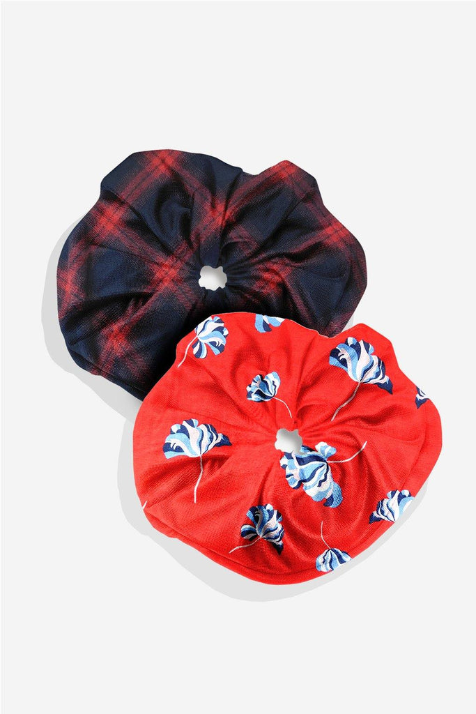 Upcycled Statement Scrunchies: Red-Blue Checkered & Red Floral - Second Edit