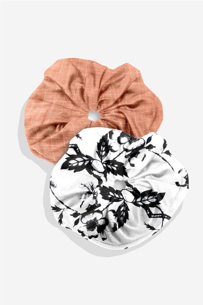 Upcycled Statement Scrunchies: Coral Checkered & White Floral - Second Edit