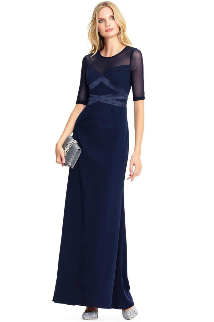 Adrianna Papell Short Sleeve Crepe Mermaid Gown with Sheer Neckline - Style Theory Shop