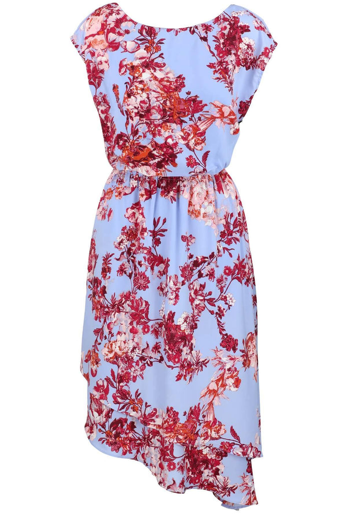 Short Sleeve Floral Dress with Tiered Asymmetric Hemline - Second Edit