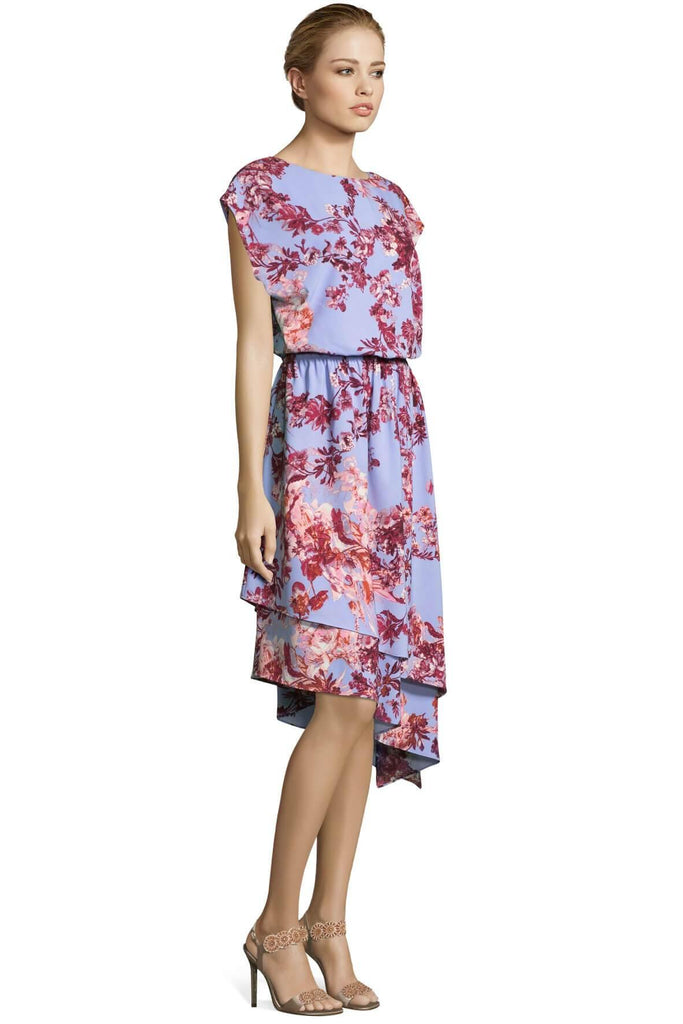Short Sleeve Floral Dress with Tiered Asymmetric Hemline - Second Edit