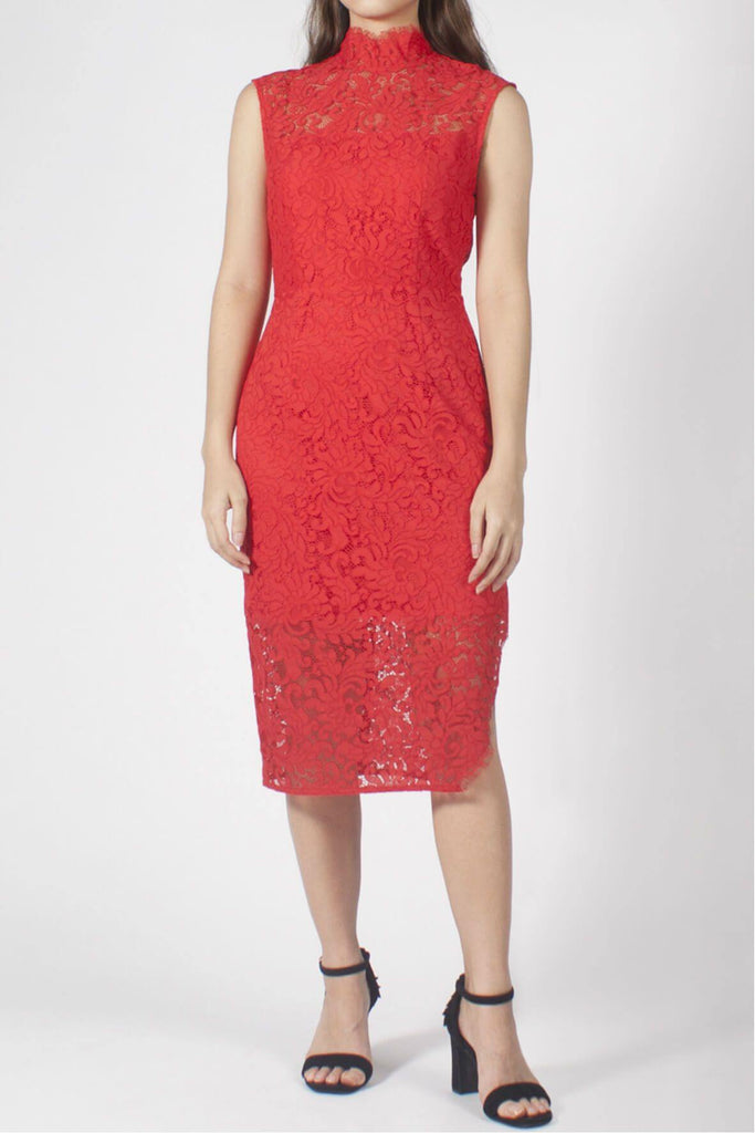 Aijek Stacey Cap Sleeve Pencil Lace Dress Red - Style Theory Shop