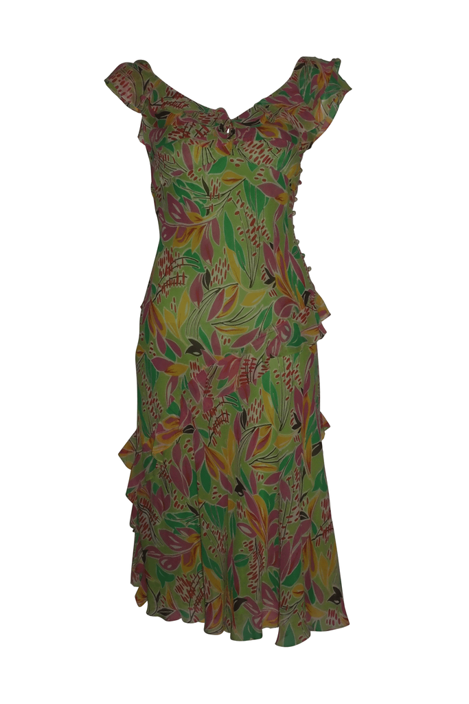 BCBGMaxazria Green Floral Frill Midi Dress - Style Theory Shop