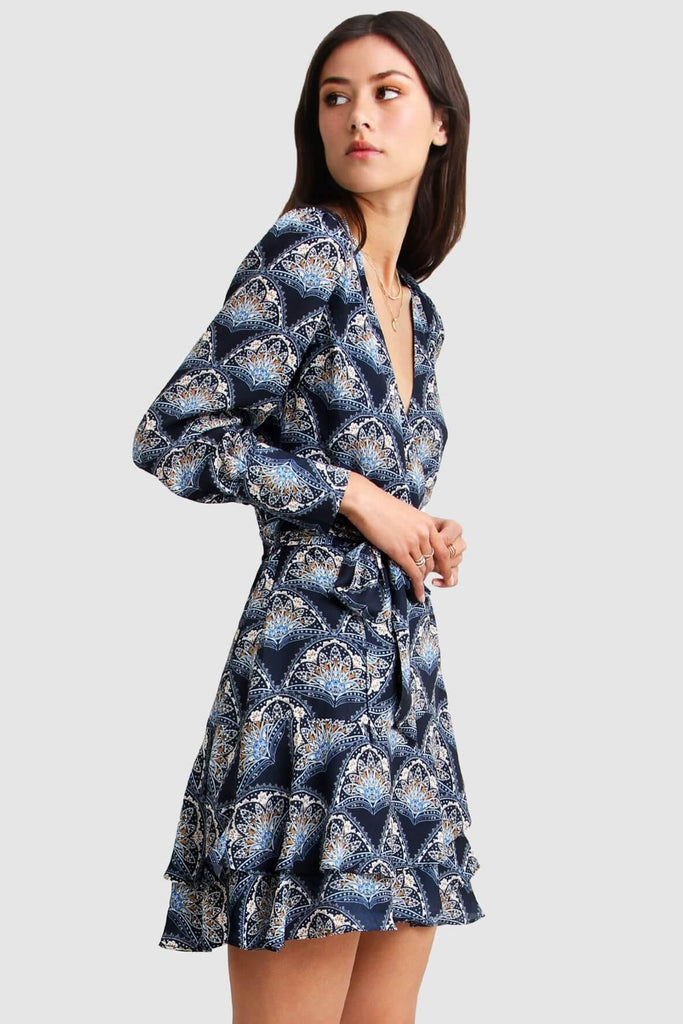 Shop preloved and authentic A Night With You Mini Wrap Dress in Navy Clothing by Belle & Bloom from Second Edit