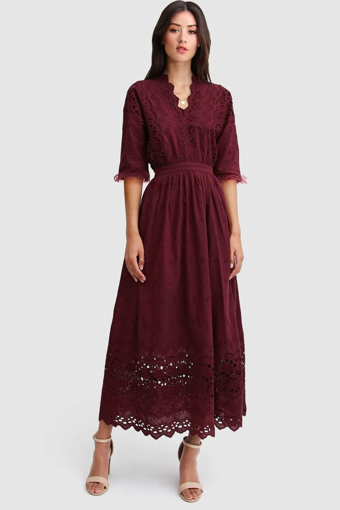 Shop preloved and authentic All Eyes On You Midi Dress in Burgundy Clothing by Belle & Bloom from Second Edit