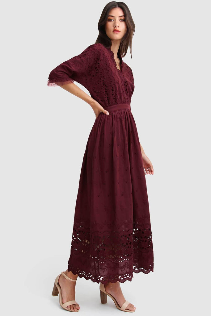 Shop preloved and authentic All Eyes On You Midi Dress in Burgundy Clothing by Belle & Bloom from Second Edit