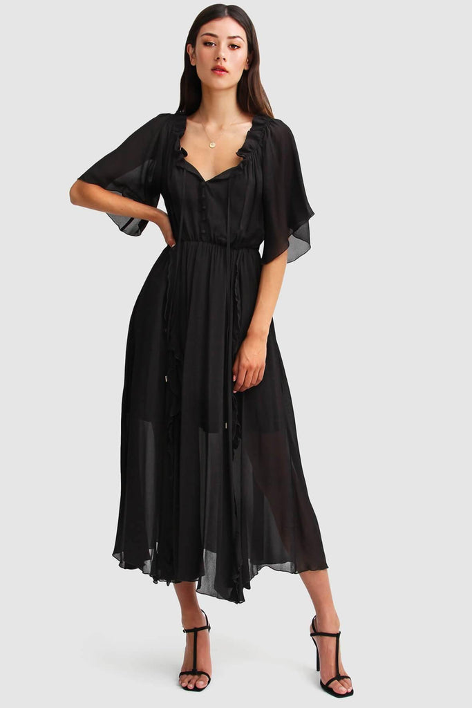 Shop preloved and authentic Amour Amour Ruffled Maxi Dress in Black Clothing by Belle & Bloom from Second Edit