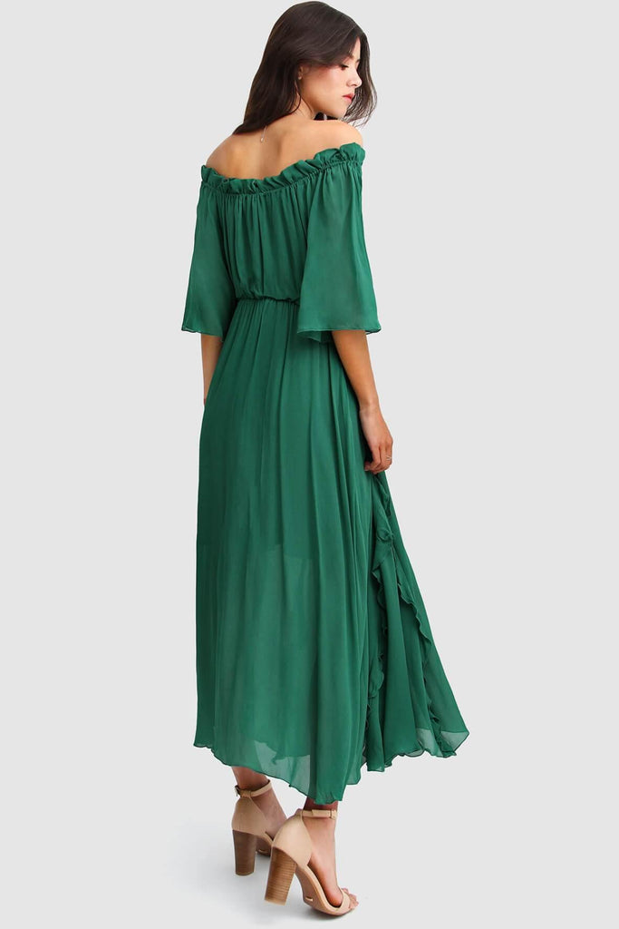 Shop preloved and authentic Amour Amour Ruffled Maxi Dress in Dark Green Clothing by Belle & Bloom from Second Edit