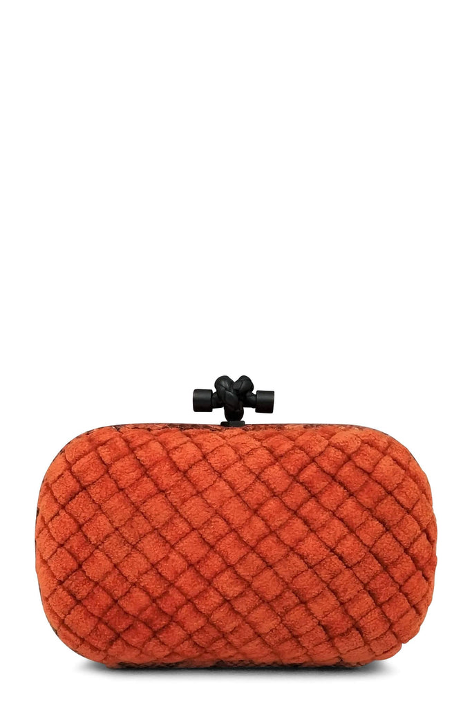 Shop preloved and authentic Ayers-Trimmed  Intrecciato Velvet Knot Clutch Orange Bags by Bottega Veneta from Second Edit in {{ shop.address.country }}