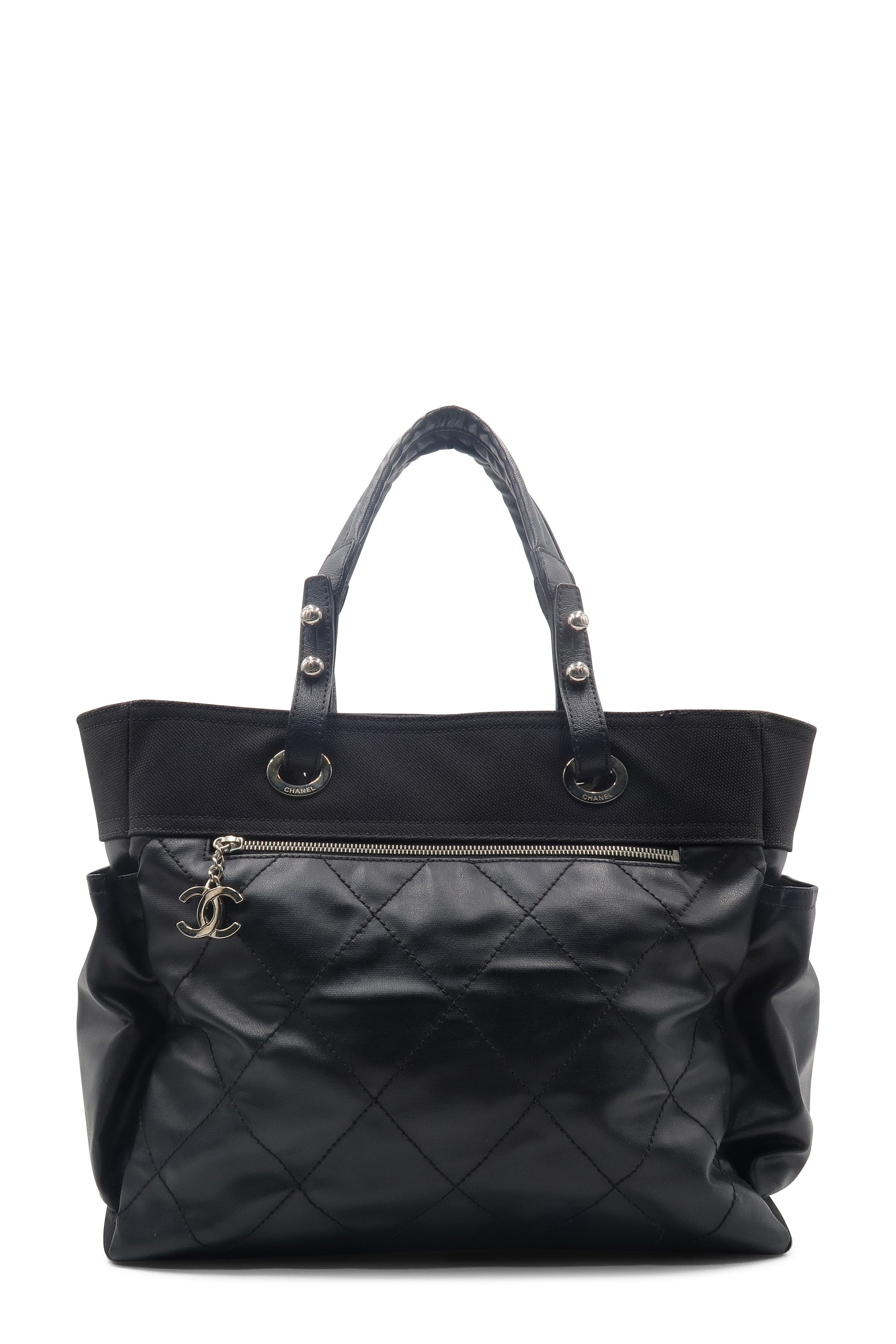 chanel black tote canvas leather
