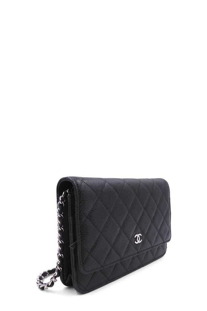 Quilted Caviar Classic Wallet on Chain Black with Silver Hardware - Second Edit