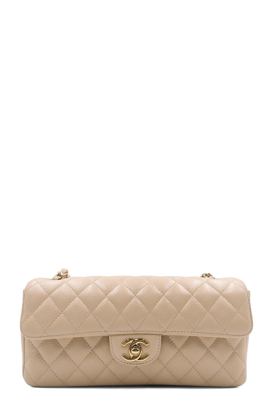 Quilted Caviar East West Flap Bag Beige with Gold Hardware