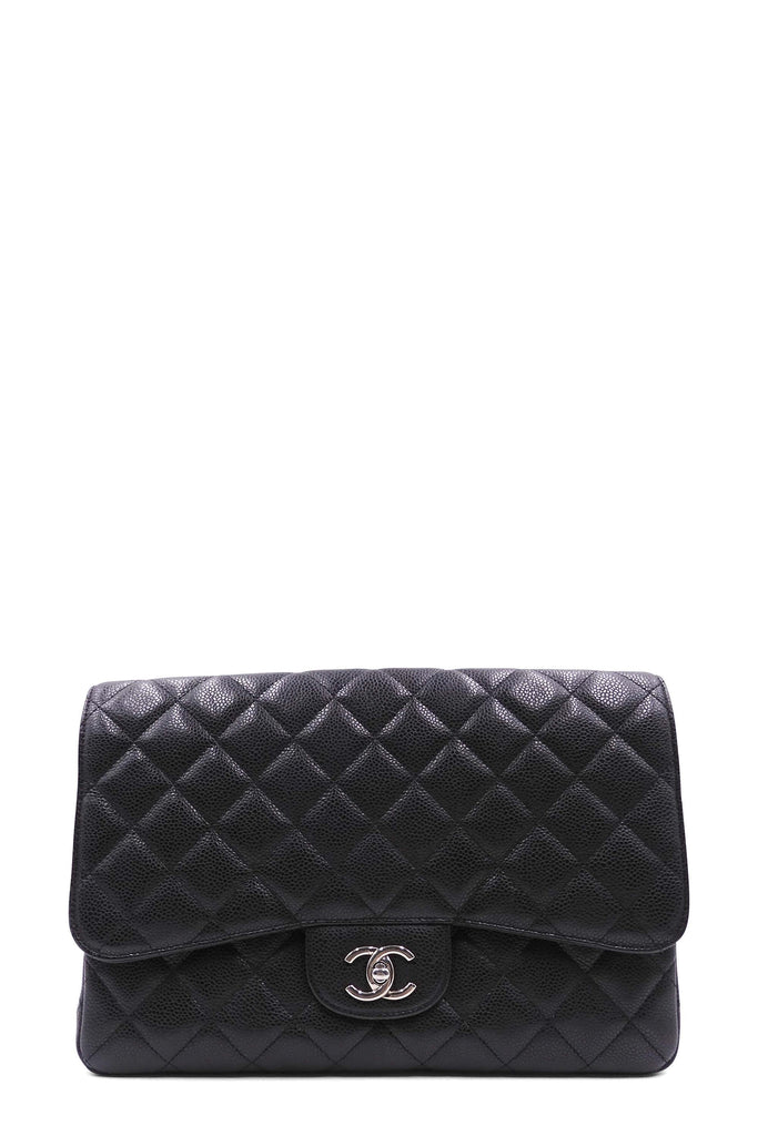 Quilted Caviar Jumbo Classic Single Flap Bag with Silver Hardware Black - Second Edit
