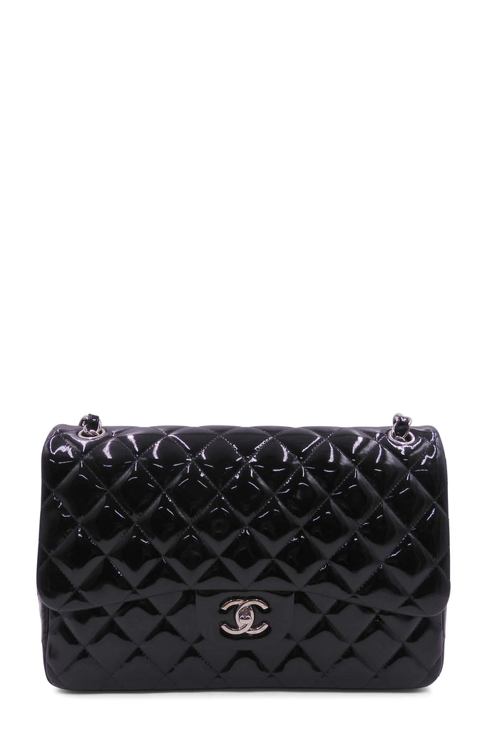 Quilted Patent Jumbo Classic Flap Bag with Silver Hardware Black - Second Edit