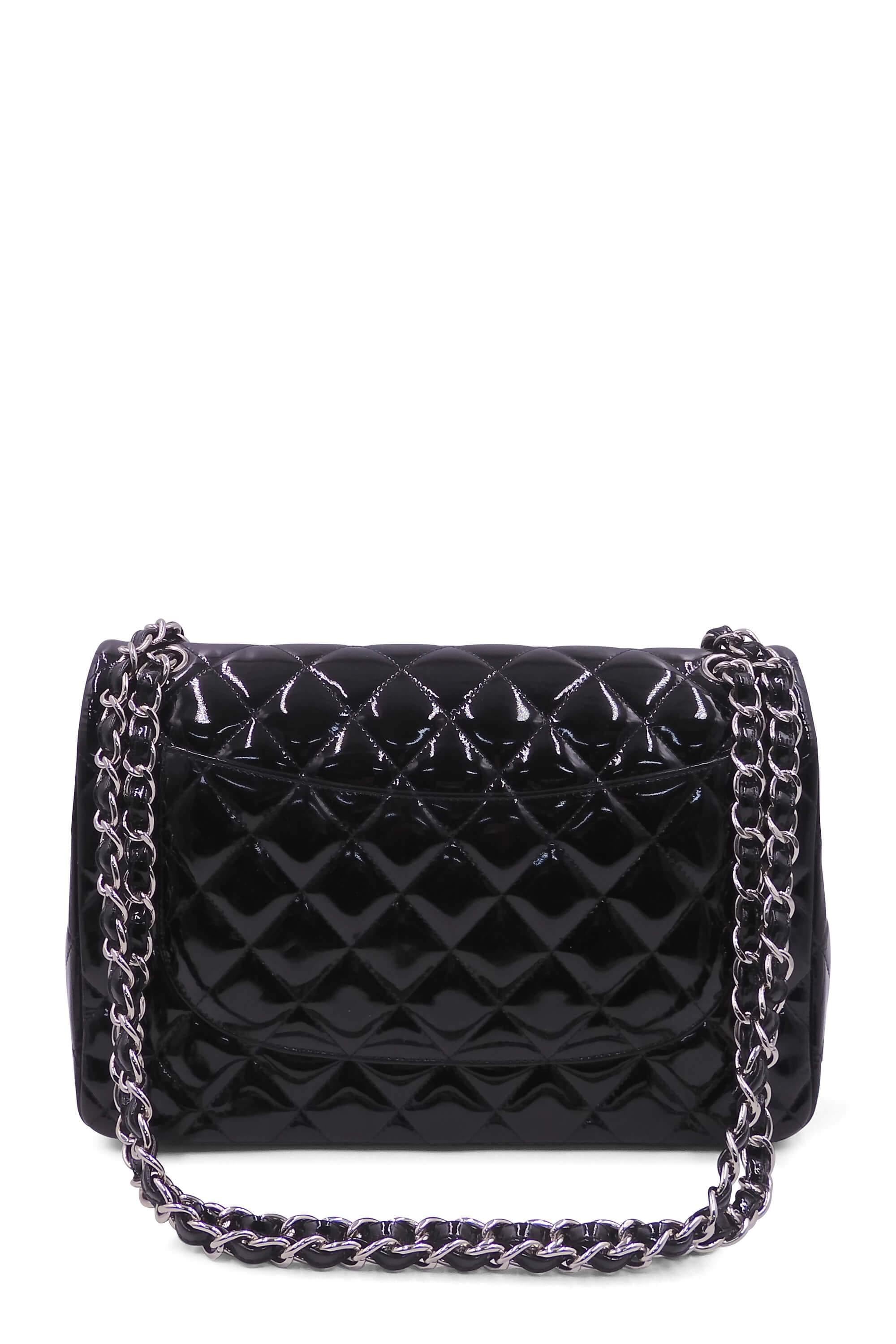 Quilted Patent Jumbo Classic Flap Bag with Silver Hardware Black