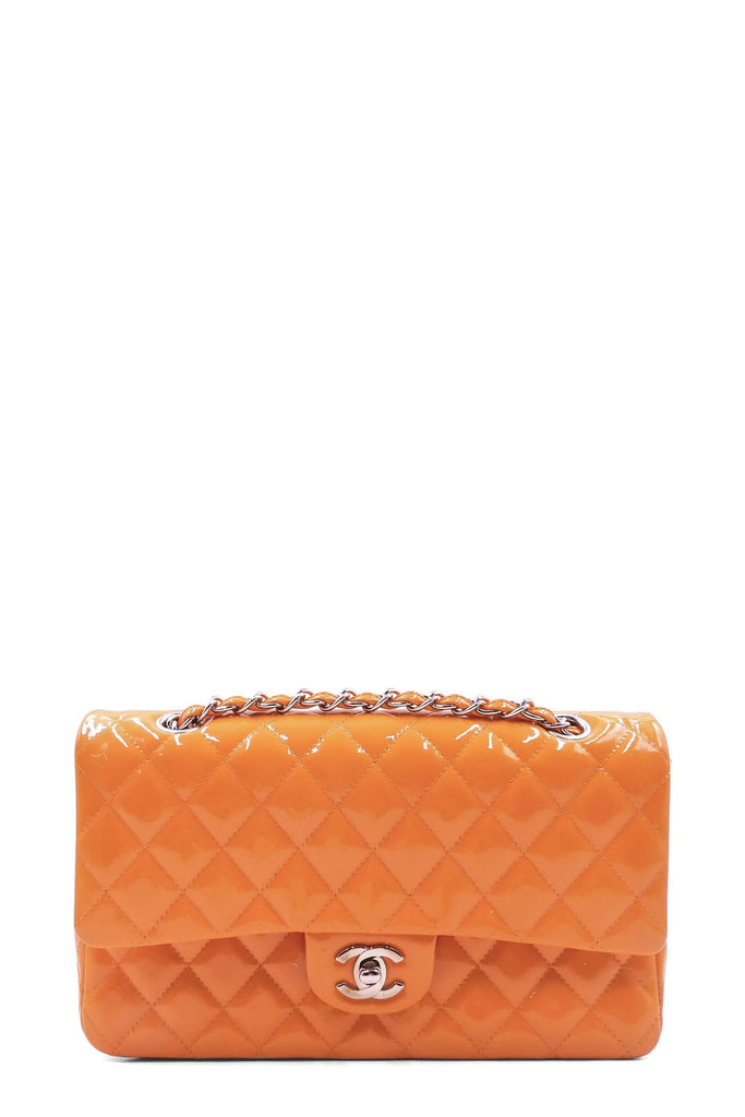 Quilted Patent Medium Classic Flap Bag Orange with Silver Hardware - Second Edit