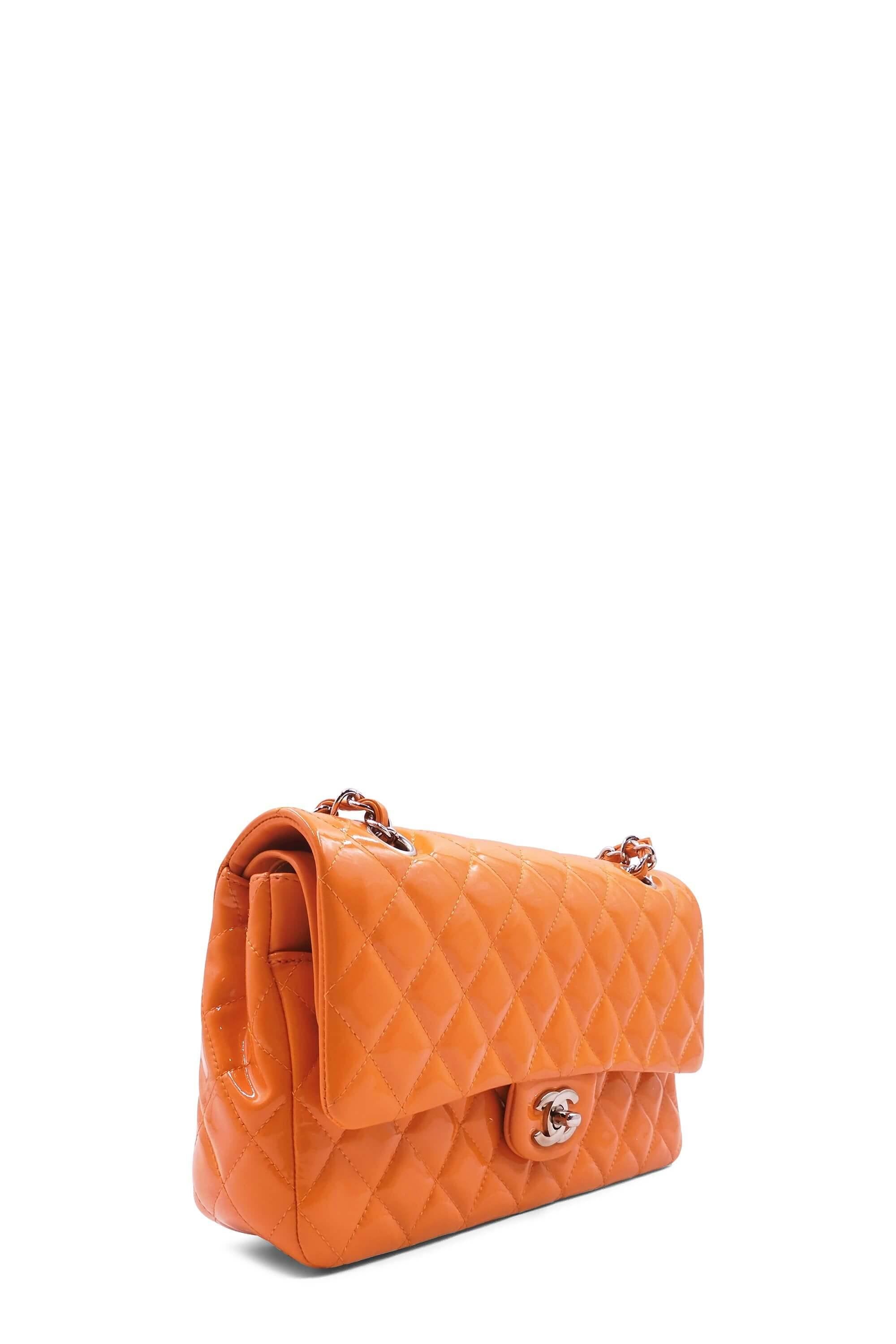 Quilted Patent Medium Classic Flap Bag Orange with Silver Hardware
