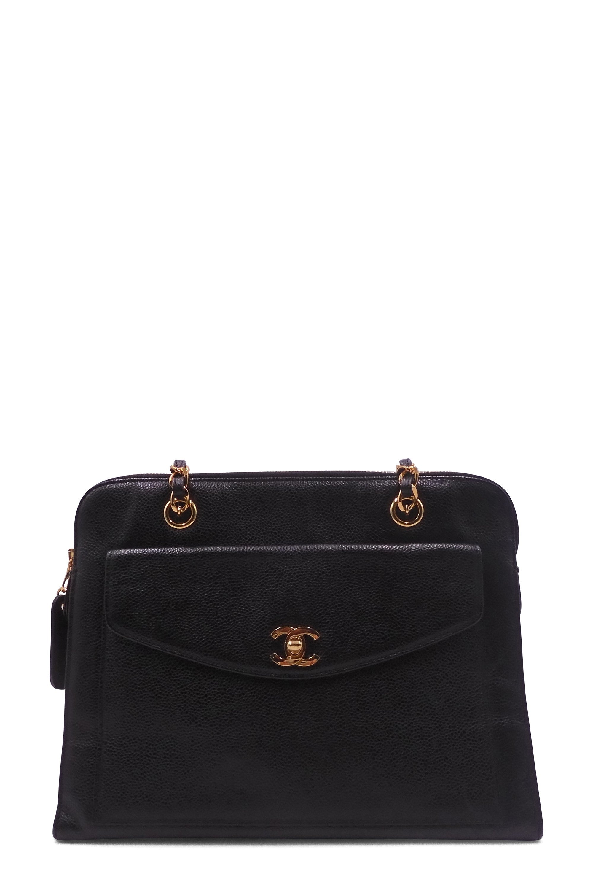 Vintage Caviar Front Pocket Shoulder Bag Black