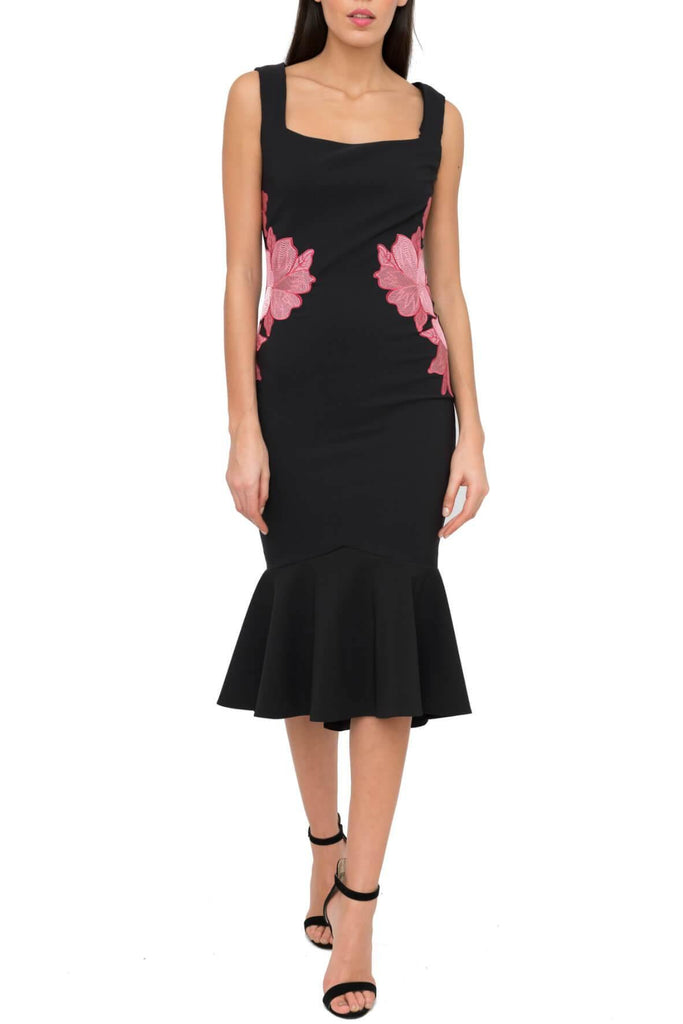 Darcia Black And Pink Stretch Crepe Midi Dress Floral Applique - Second Edit