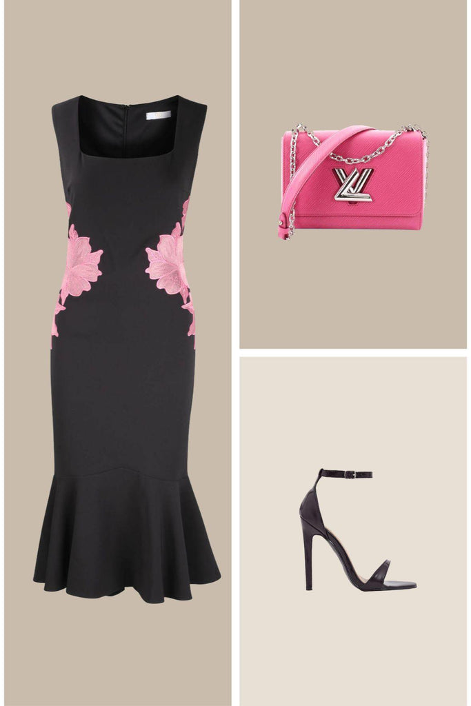 Darcia Black And Pink Stretch Crepe Midi Dress Floral Applique - Second Edit