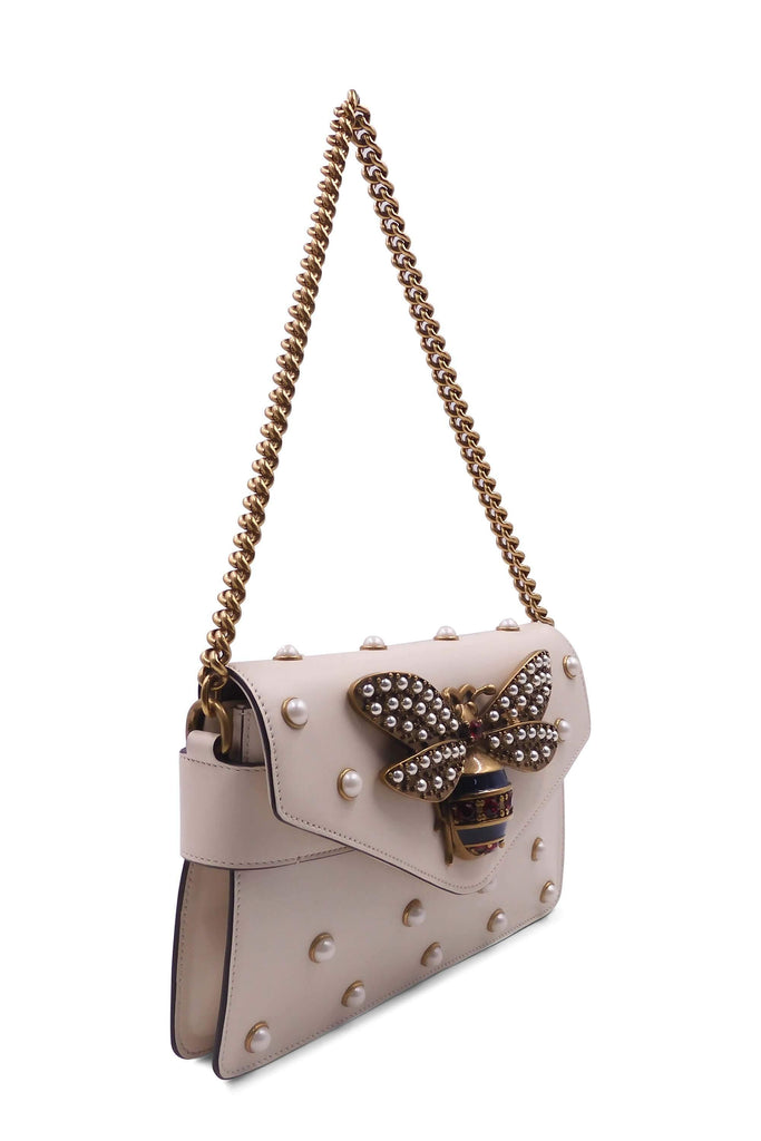 Gucci Broadway Bee Embellished Shoulder Bag White - Style Theory Shop
