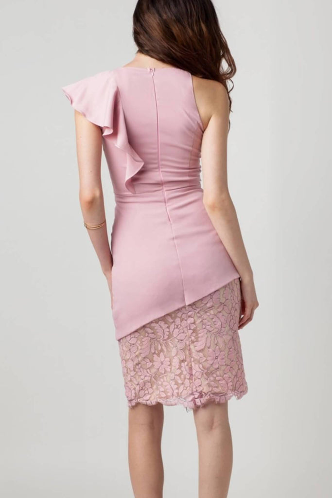 Serena Lace Asymmetric Ruffle Dress in Pink - Second Edit