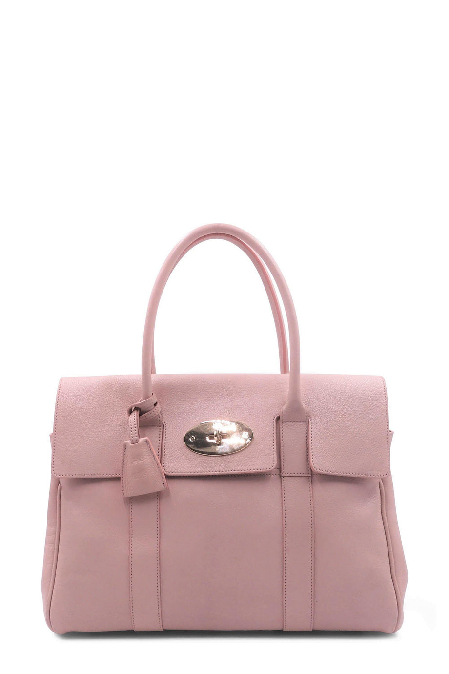 Mulberry - a Bayswater pink soft grain leather hand bag, flap closure, with  gold tone postman's lock and hardware, one central compartment, rolled  leather top handles, adjustable side straps, size approx. 26mm