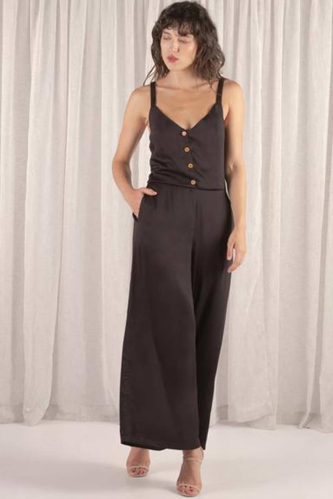 Shop preloved and authentic Amber Front Button Overall Jumpsuit in Black Clothing by The Rushing Hour from Second Edit